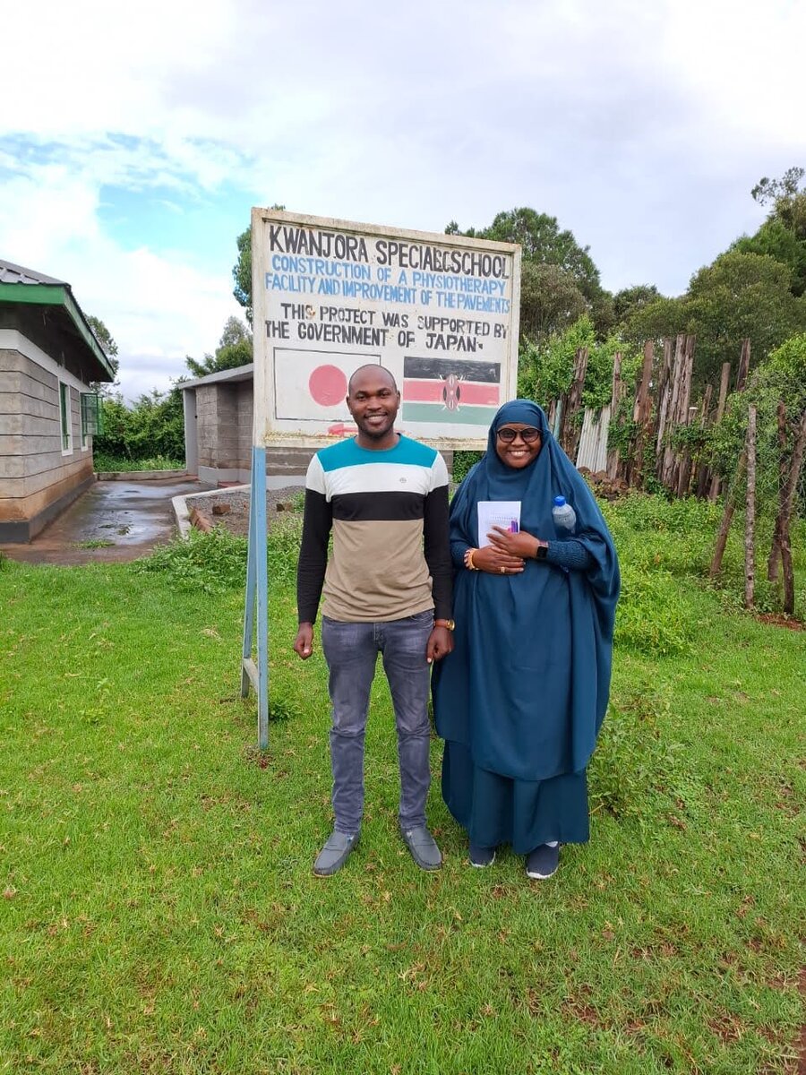 Ameerah Nyakiere Mungai and CPA Zachary Munyi outside Kwanjora Special School